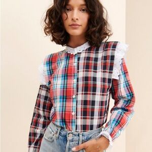 PASTICHE Gala Plaid Ruffle Button Down Shirt Eyelet Trim Red Blue Size Medium